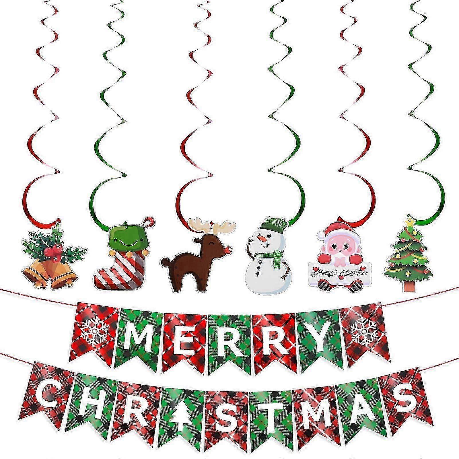 Merry Christmas Banner, Red and Green Plaid Christmas Banner with Spiral Ribbons, Indoor Christmas Signs, Christmas Party Hanging Decoration
