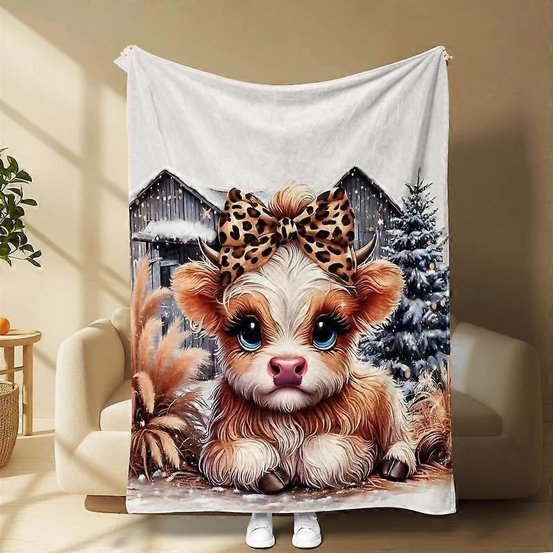 Cute Highland Cow Print Flannel Blanket, Soft Warm Leopard Bowknot Snow Scene Cabin Pine Tree Design, Multi-Purpose Throw for Office Camping