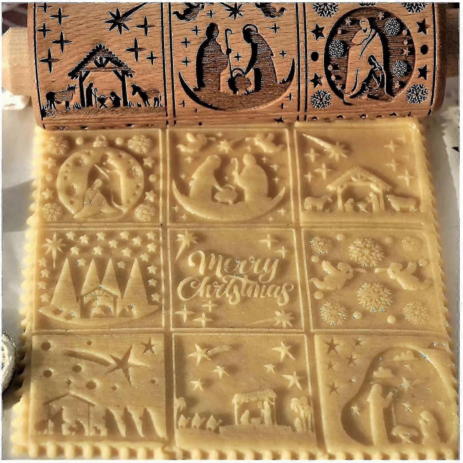 Wooden Non-Stick Embossed Dough Roller with Nativity Engraving for Cookies and Pies