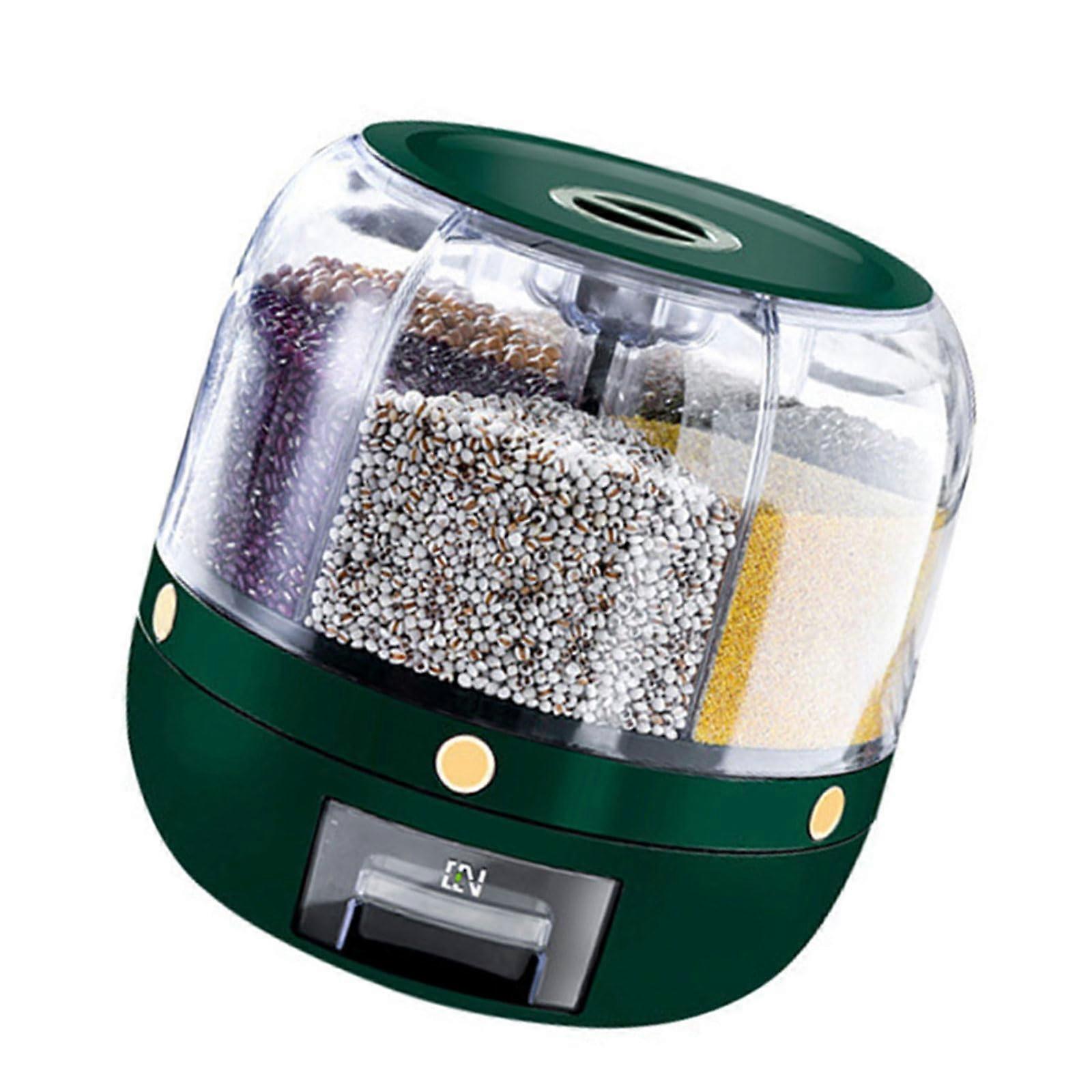 Rotating Rice Dispenser with 6 Removable Bins, Sealed Dry Grain Storage Container, Small Green Cereal Bucket