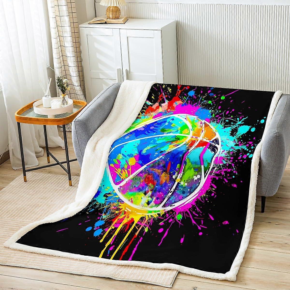 Flannel Throw Blanket Basketball Print, Reversible Sherpa Fleece Twin Size 60x80 Ultra Soft