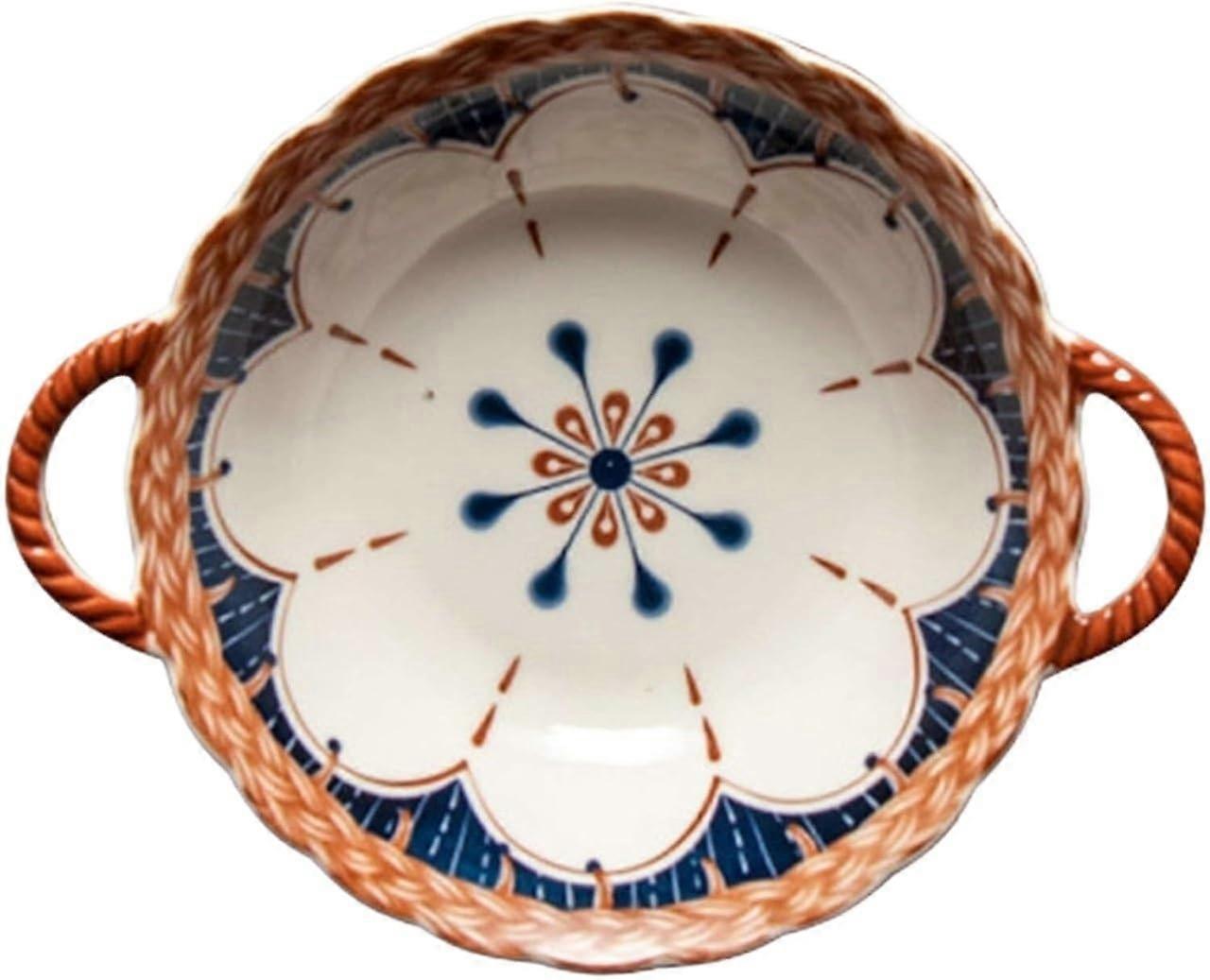 Large Ceramic Ramen Bowl with Handle, Microwave and Oven Safe Serving Bowl, Boho Style Salad and Fruit Bowl, Blue and White Flowers 650ml