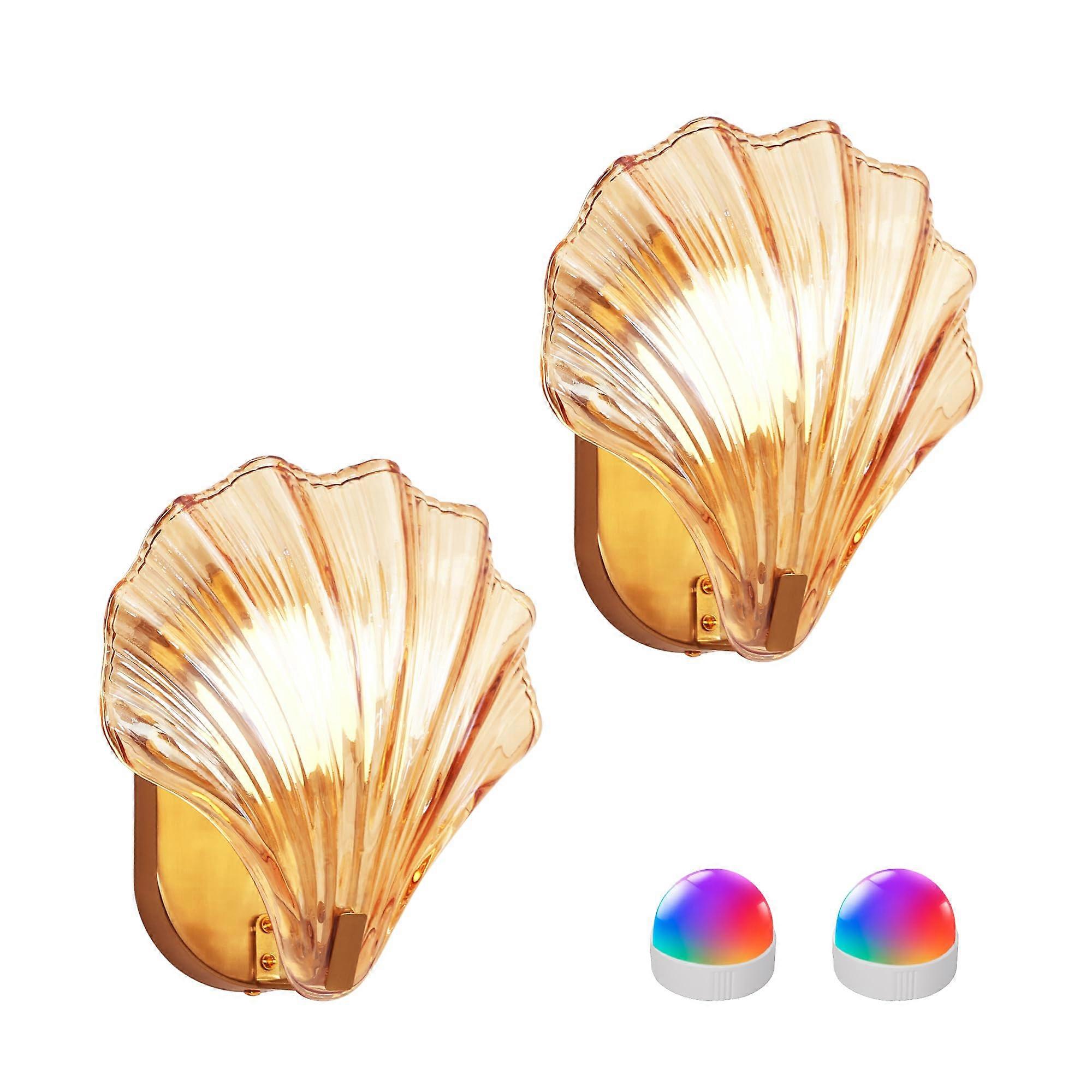 Battery Operated Wall Sconce with Remote, Rechargeable Wireless Vintage Shell Design LED, 2 Pack