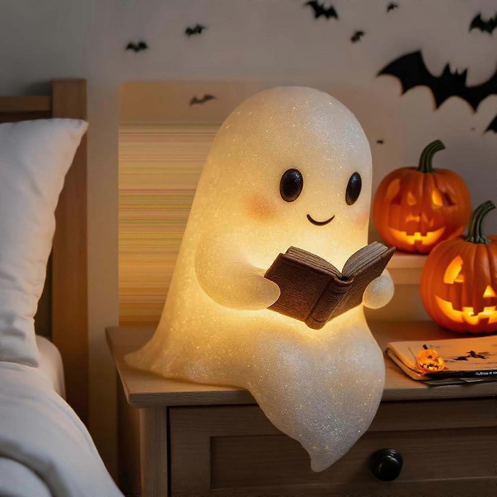 Halloween Ghost Lamp with Warm White Glow, Cute Ghost Reading Book LED Night Light Decor