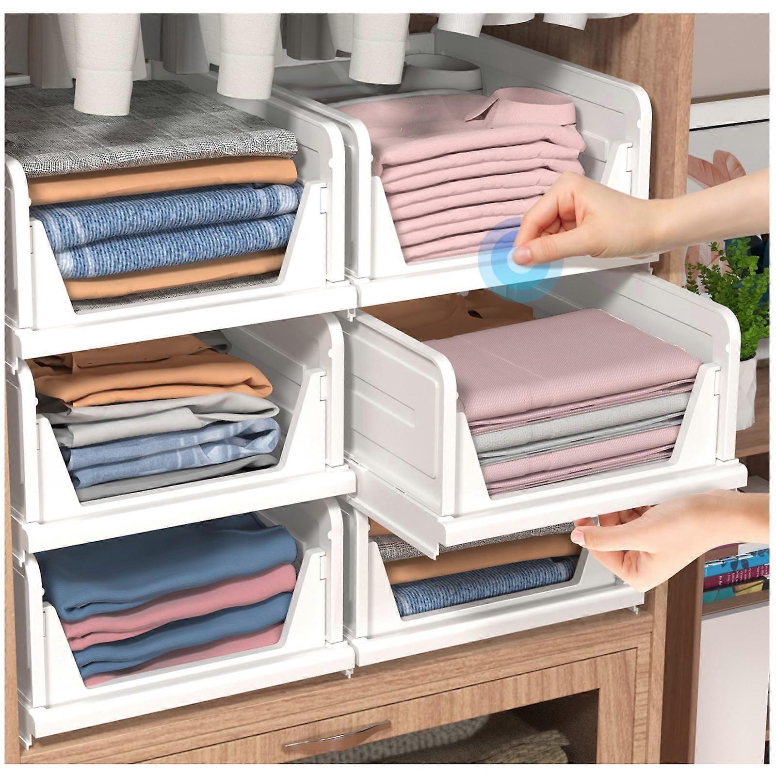 6 Pack Closet Storage Bins Stackable Foldable Plastic Drawer Boxes for Clothes Shoes MultiRoom White 6L
