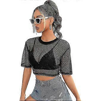 Women's Fishnet Sheer Long Sleeve Crop Top, S-3XL