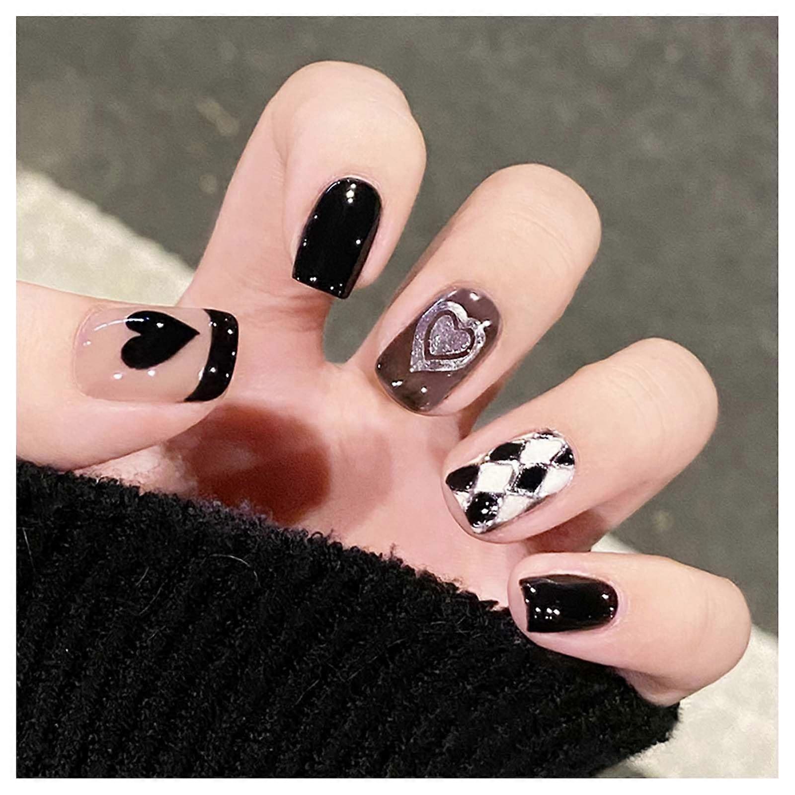 Square French Tip Press on Nails Medium Length with Glitter Sequins, 24PCS Acrylic False Nails