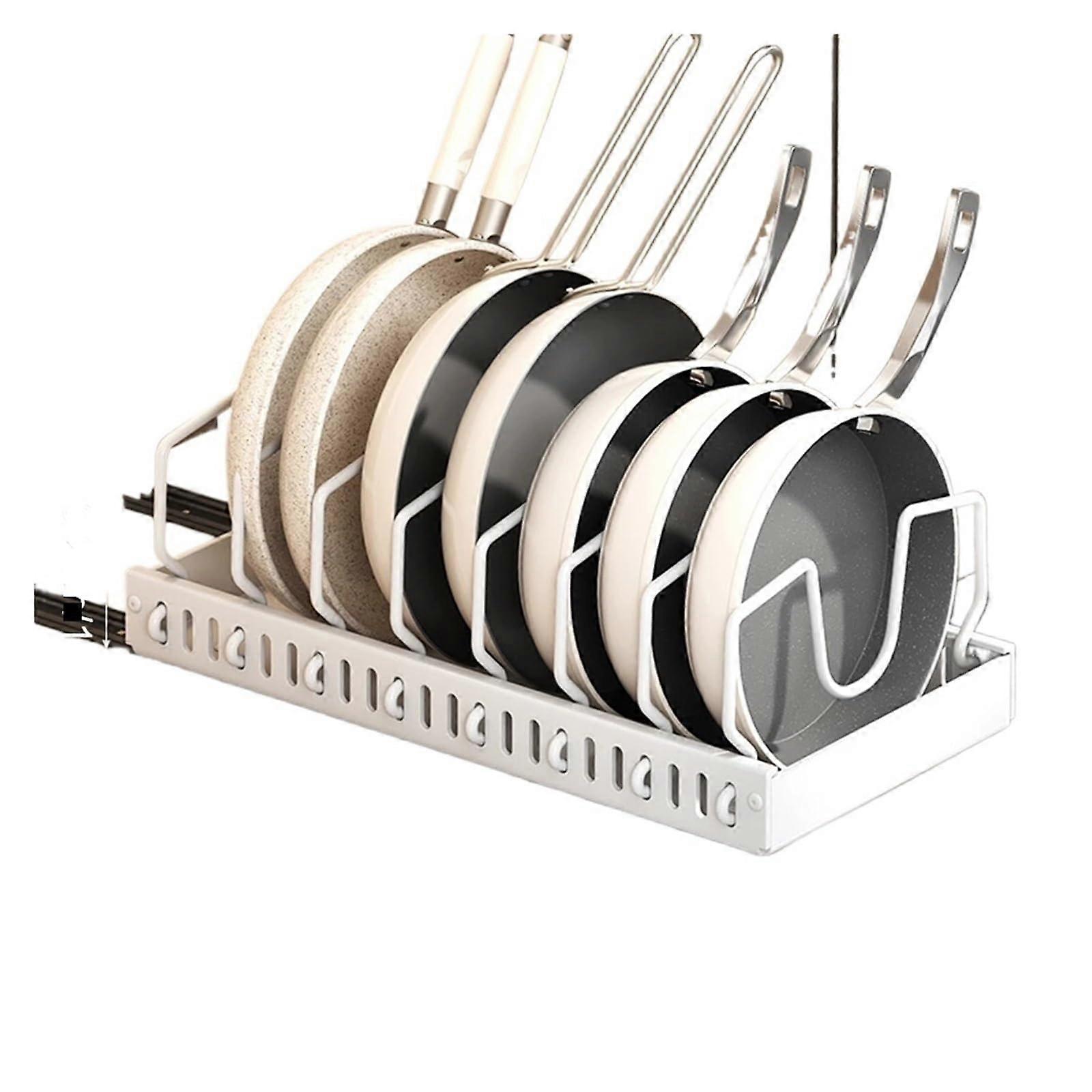 Pull Out Cabinet Organizer with Sliding Pot Lid Holder, Adjustable Under Cabinet Storage Rack, White