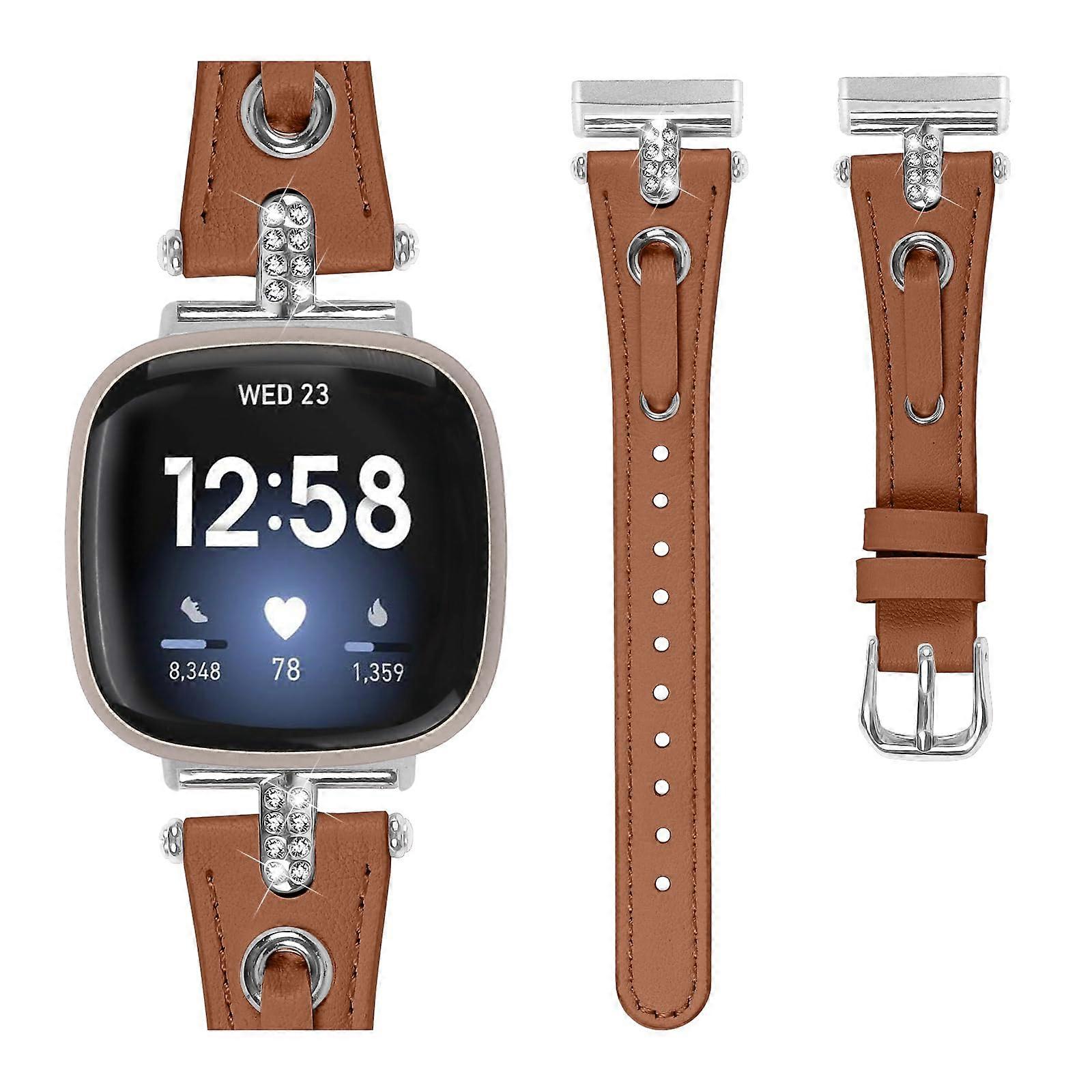 Leather Band Brown Silver for Fitbit Versa 3, Strap Replacement Adjustable Durable for Fitbit Sense 2