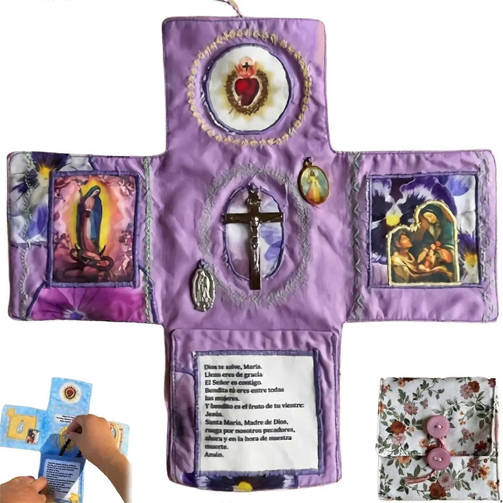Christian Pocket Devotional with Cross and Prayers, Handcrafted Foldable Design, Purple Gift