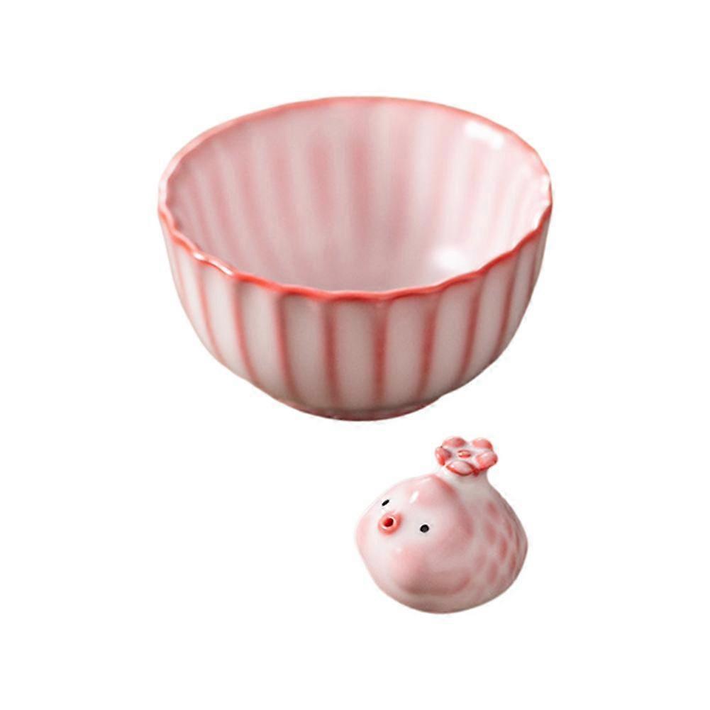 tkerinse Ceramic Tea Cup with Pet Piggy Statue, Kungfu Tea Cup with Fish Statue, Little Fish Spitting Bubbles Under Cups Set, Mini Blow Bubbles Pig T