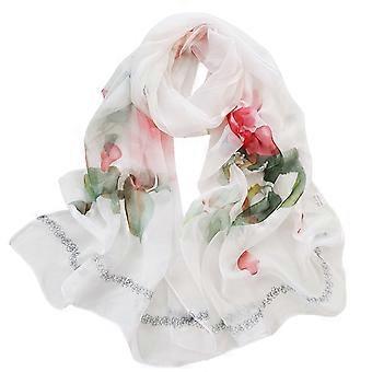 Zijden sjaal voor dames, lichtgewicht sjaal met bloemenprint, modieuze sjaals, omslagdoeken voor de lente, witte chiffon sjaal.