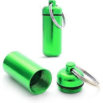 Pill Box, Pill Box, Set Of 2 Aluminum Capsules, Key Ring Mini, Waterproof, Color: Green, Height: 45mm