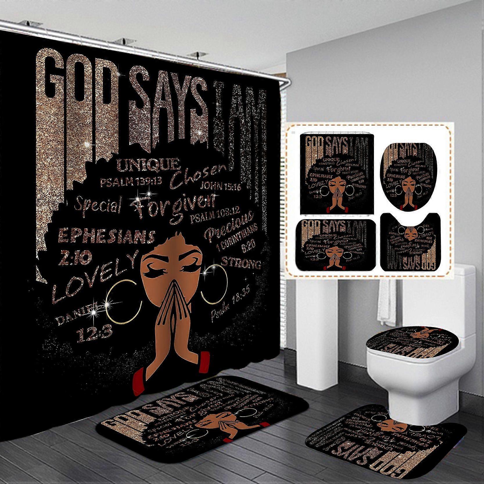 Black Gold Scripture 4 Pcs Polyester Shower Curtain Set