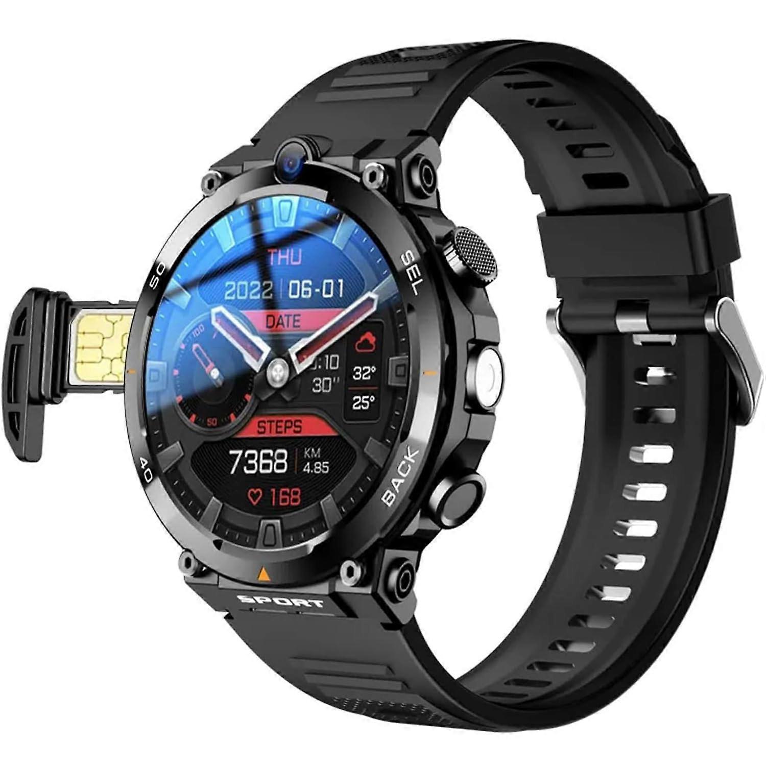 Smartwatch 4G LTE com cartão SIM, chamadas independentes, câmera dupla, NFC e tela sensível ao toque de 1,39 polegadas.