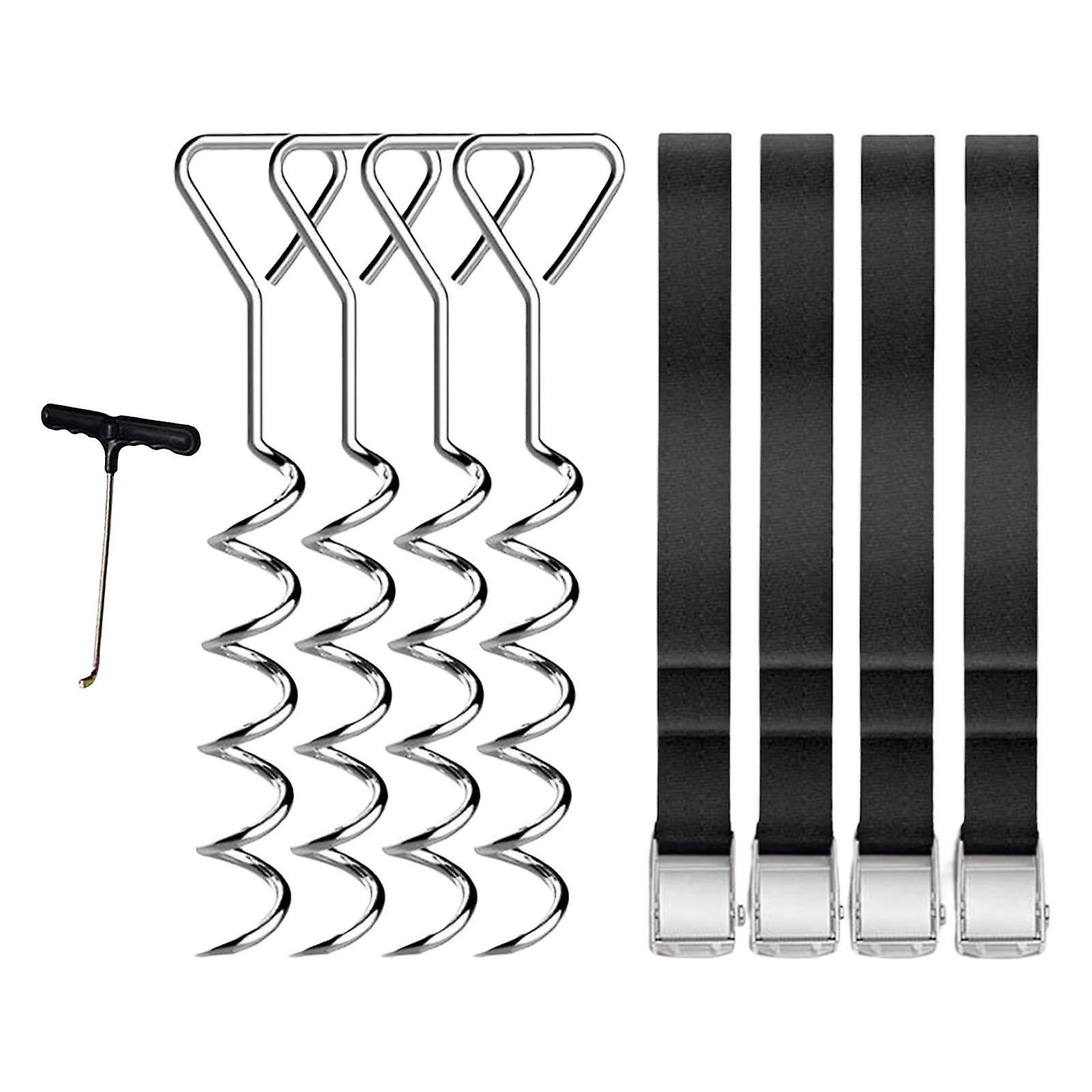 4x Trampoline Anchor Stakes Tie Downs Kit with T Hook Triangle 40cm Silver