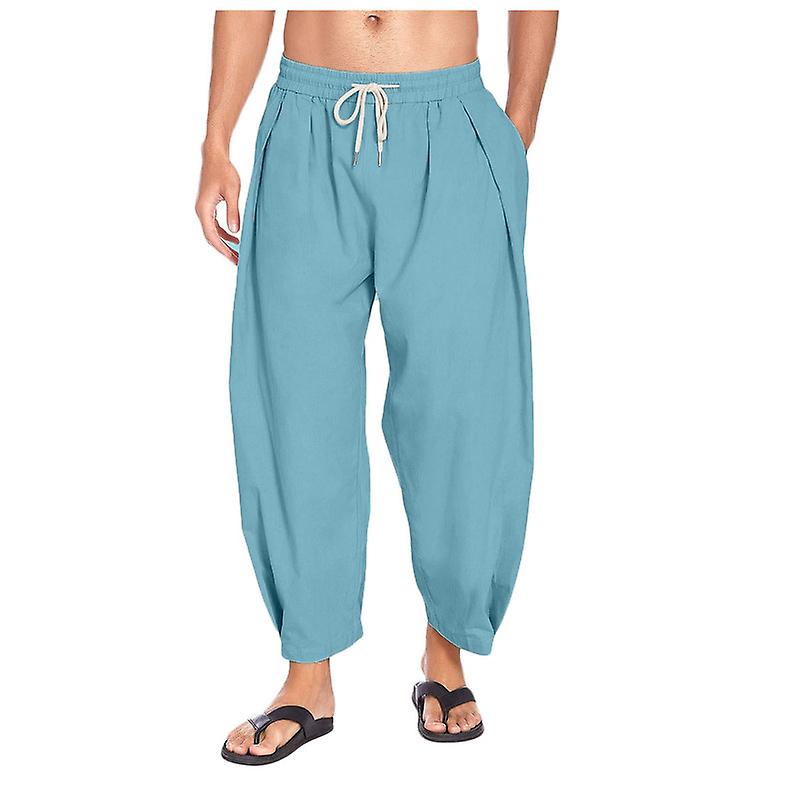 Men's Cotton Linen Harem Pants Drawstring Casual Cropped Trousers Lightweight Loose Beach Yoga Pants with Pockets A3