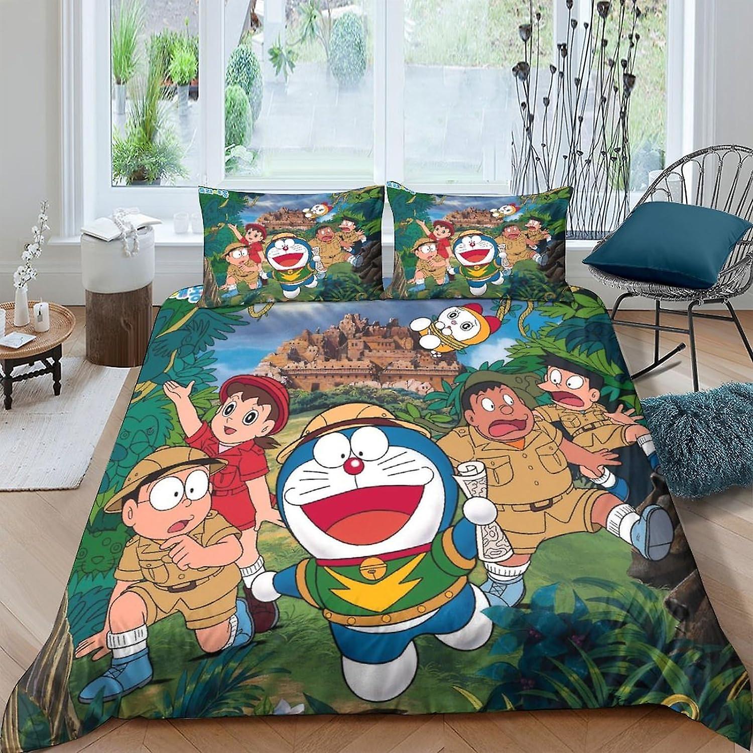 VCLUST Doraemon Duvet Cover Set Bedding Set 3D Microfiber Polyester Little Blue Cat Comforter Cover with Pillow Shams, 3 Piece Set, Zipper Quilt Cover