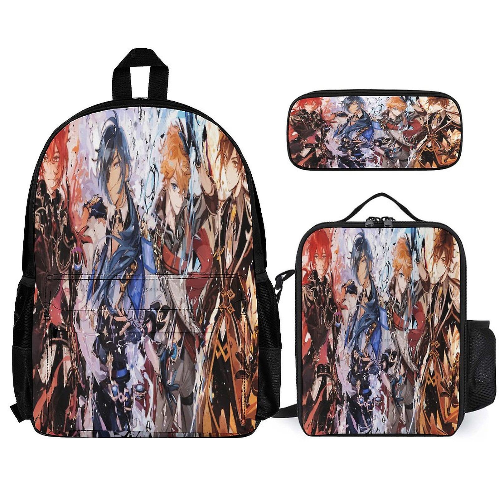 Genshin Impact Backpack 3 قطع مجموعة حقيبة ظهر للكمبيوتر المحمول مع مقلمة حقيبة غداء مختلطة