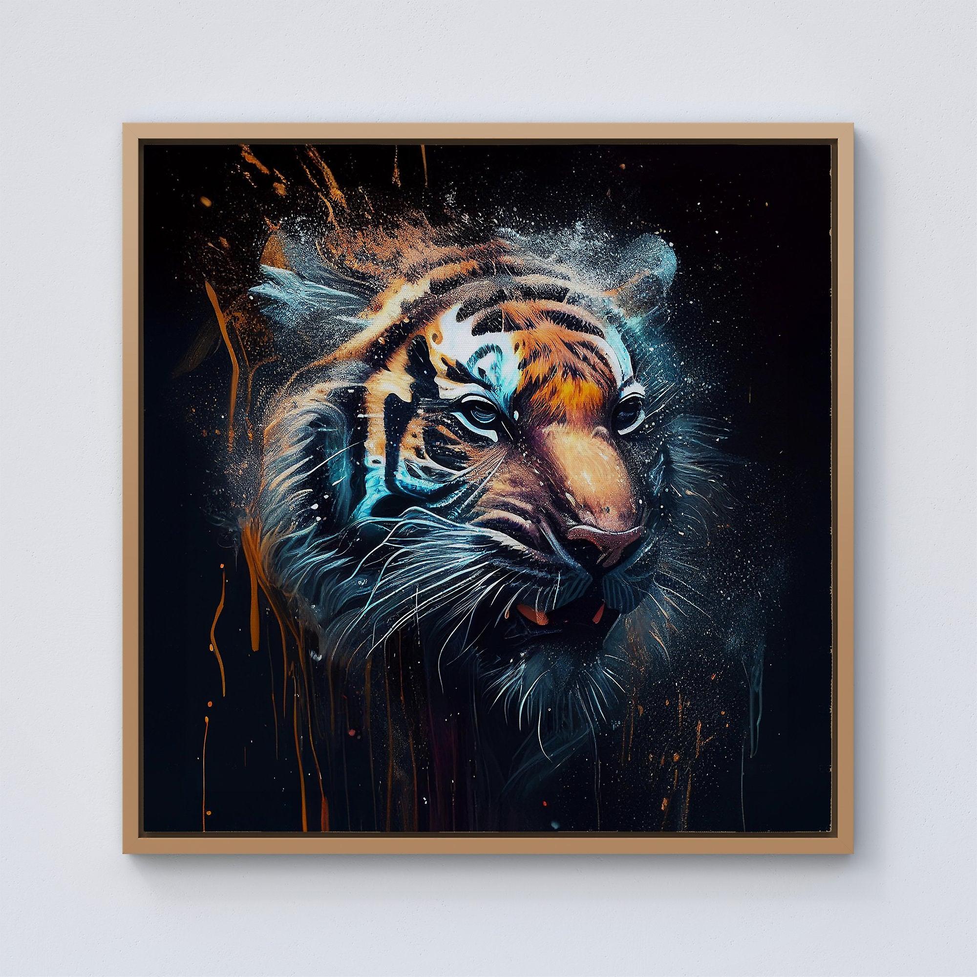 Tiger Face Splashart Dark Background Framed Canvas