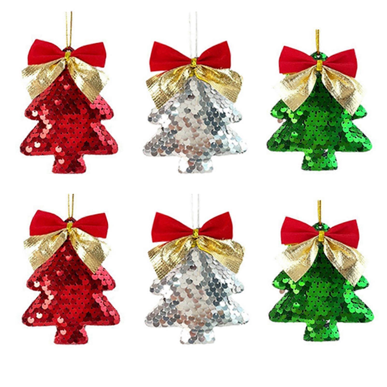 6Pcs Christmas Tree Ornaments Tree Shape Sequin Pendant with Bow for Christmas Trees Walls Doors Parties Wedding Decor