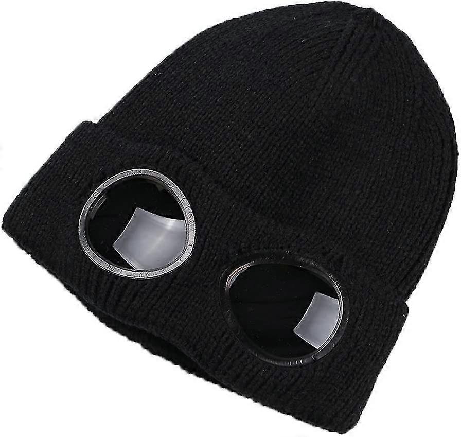 Unisex Wool Knitted Goggles Beanie, Warm Winter Stylish Hat Autumn Outdoor Sports Cap Fashion Womens Indoor Leisure Heat Keeper Ear Snow Cold Protecto