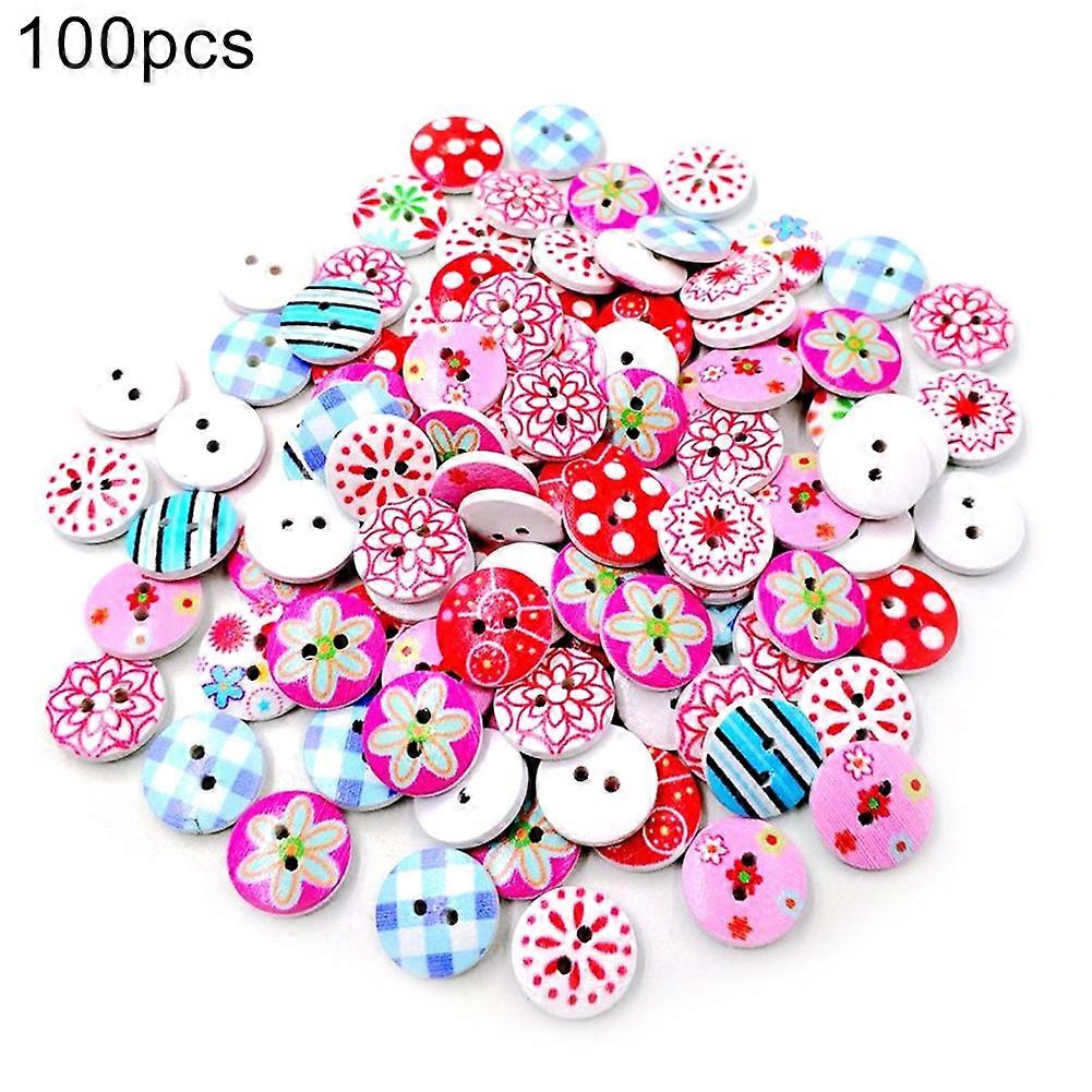 100Pcs Mini Round Floral Print Clothes Bag Scrapbook Decorative Wooden Buttons