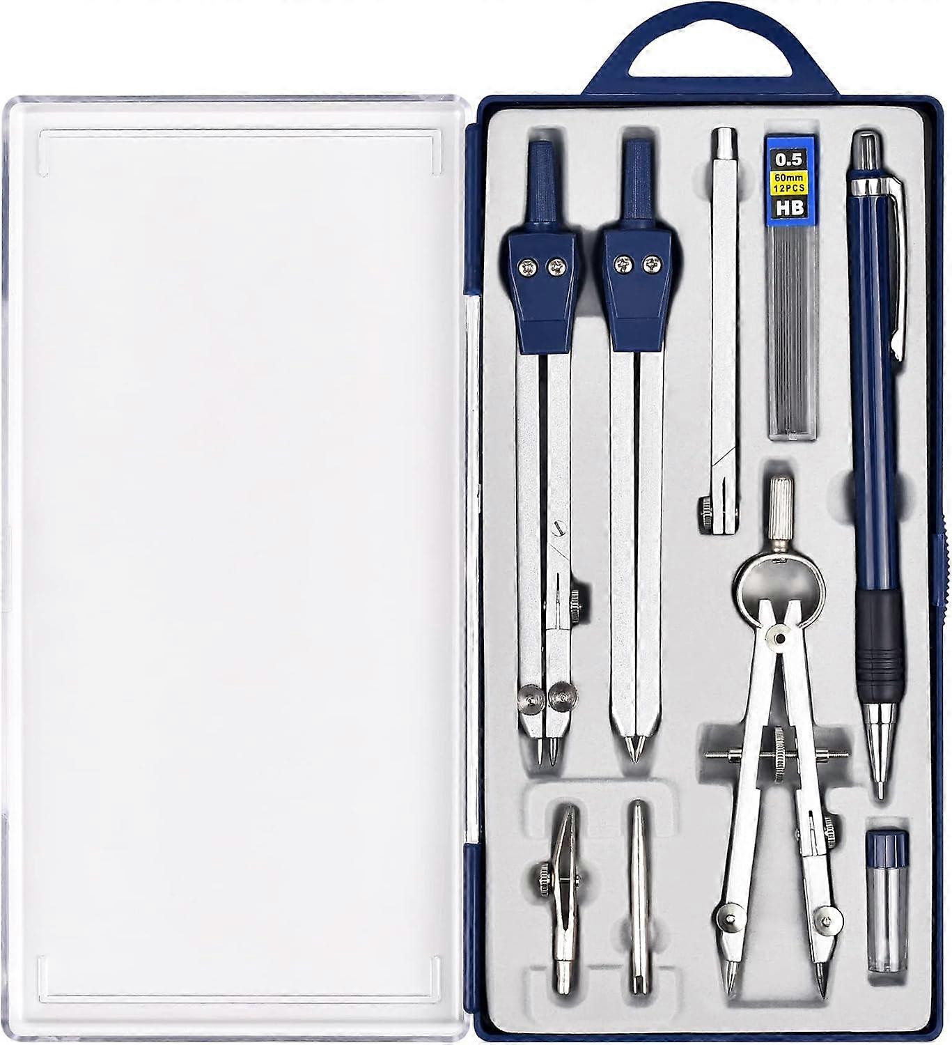 9Pcs Precision Geometry Set Metal Compass, Geometry Tool Tool Set with Shatterproof Storage Box, Circle Drafting Tool and Architecture (Blue)