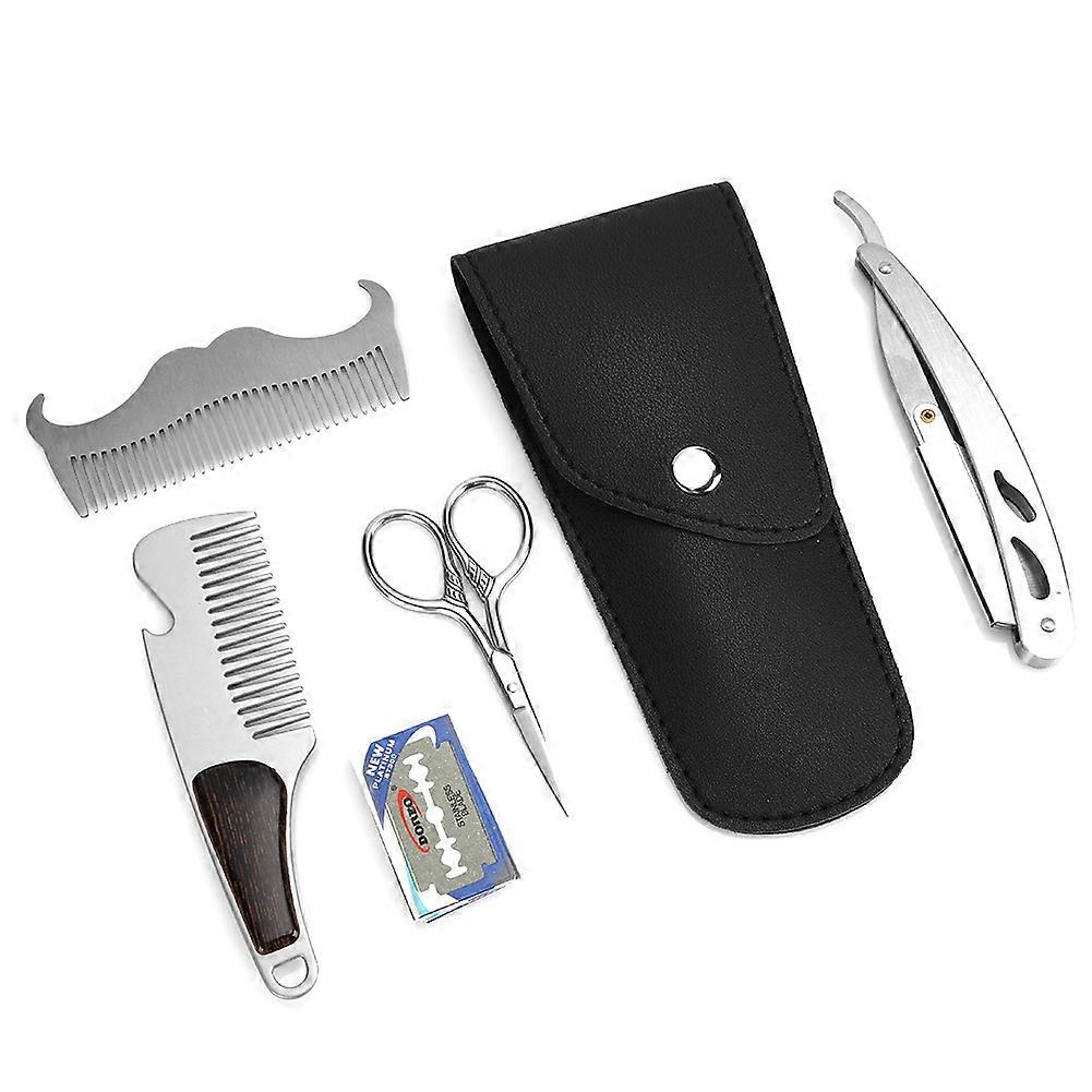 6pcs Beard Kit Shaving Knife Blade Beard Brush Scissors Storage Bag Modeling SetBeard Care Set