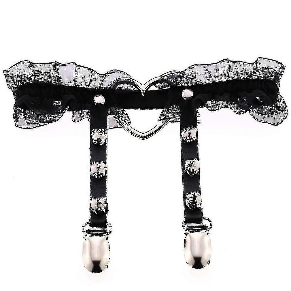2pcs Adjustable Lace Heart-shaped Thigh Garter With Anti-slip Clips, Elastic Leg Garter For Ladies, Black