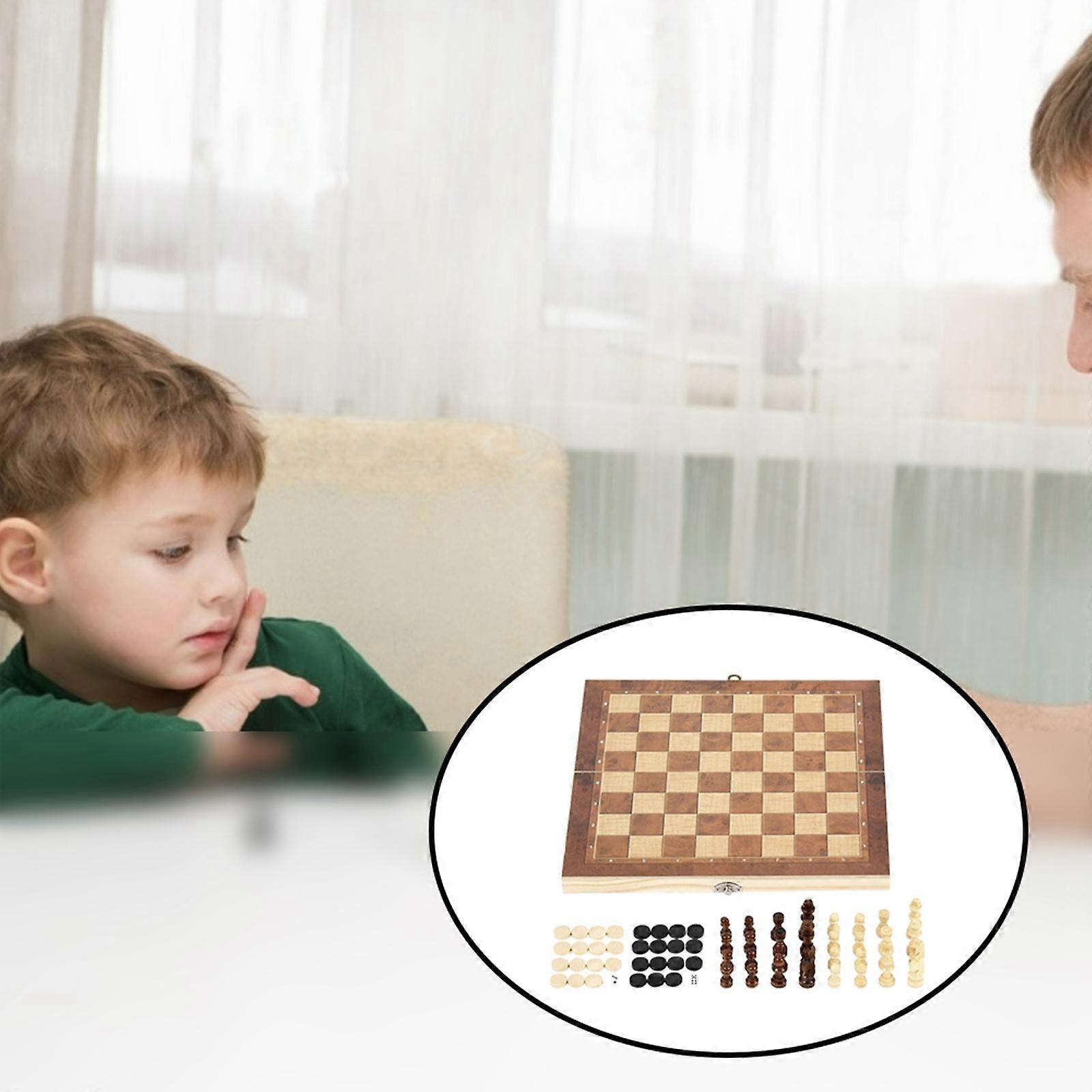 Wooden Chess & Checkers Set Mahogany Backgammon Chess Set with Folding Chess Board, Chess Pieces, & Storage Box - Board Game - Brown, 24x24cm