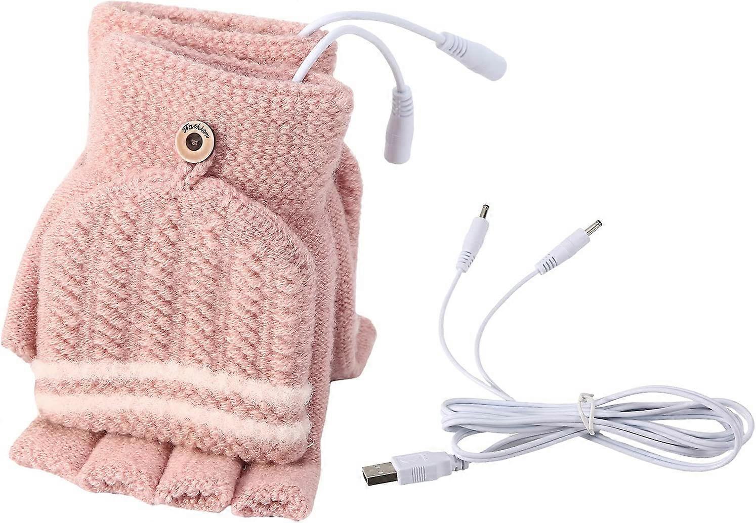 Men's Women's USB Heated Gloves Mitten-Pink, USB Hand Warmers Winter Warm Full Finger and Half Fingerless Warm Hand Laptop USB Heating Gloves