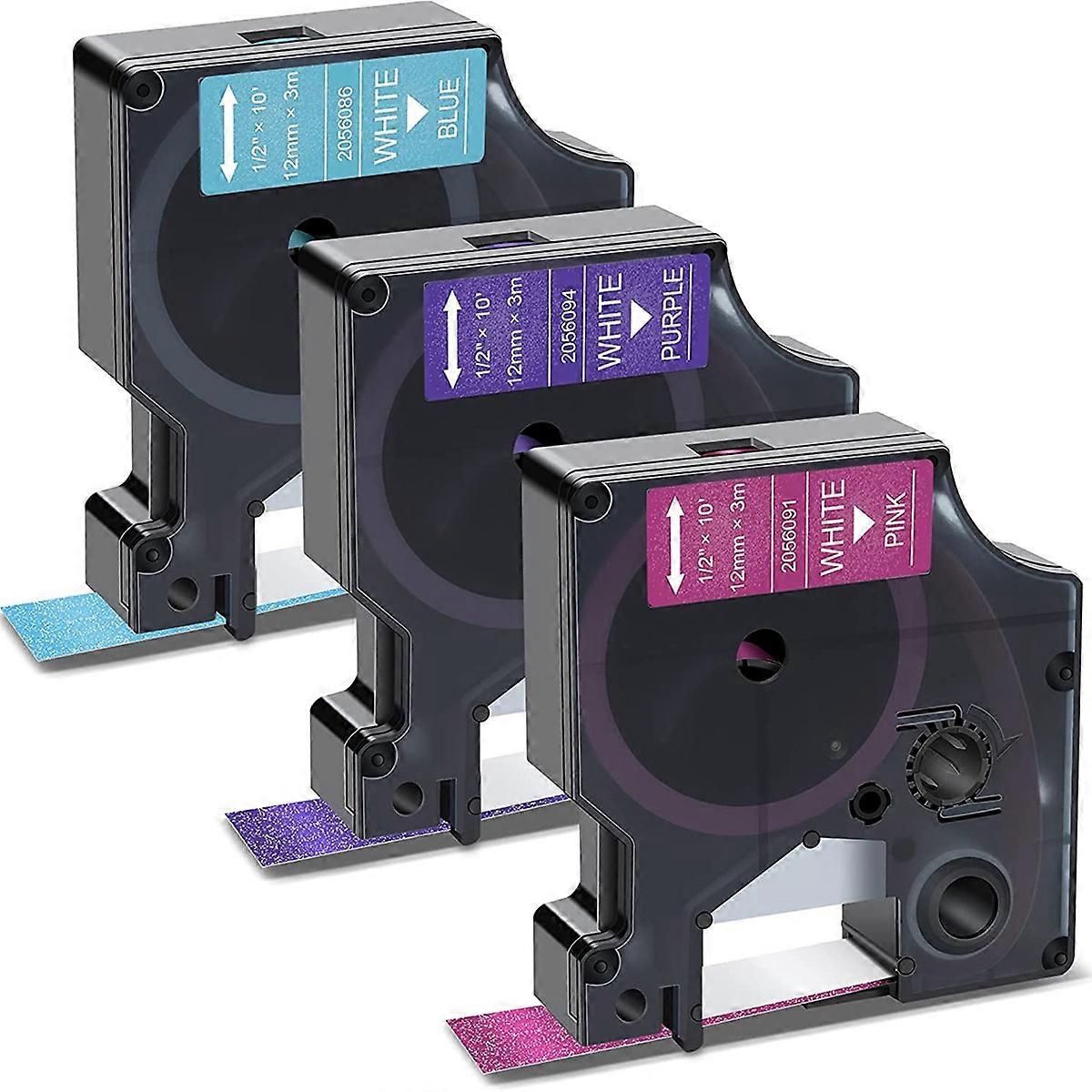 3-Pack for Label Tape White Print on Blue/Pink/Purple Glitter 12mm for Label Maker, Label Manager 160 280