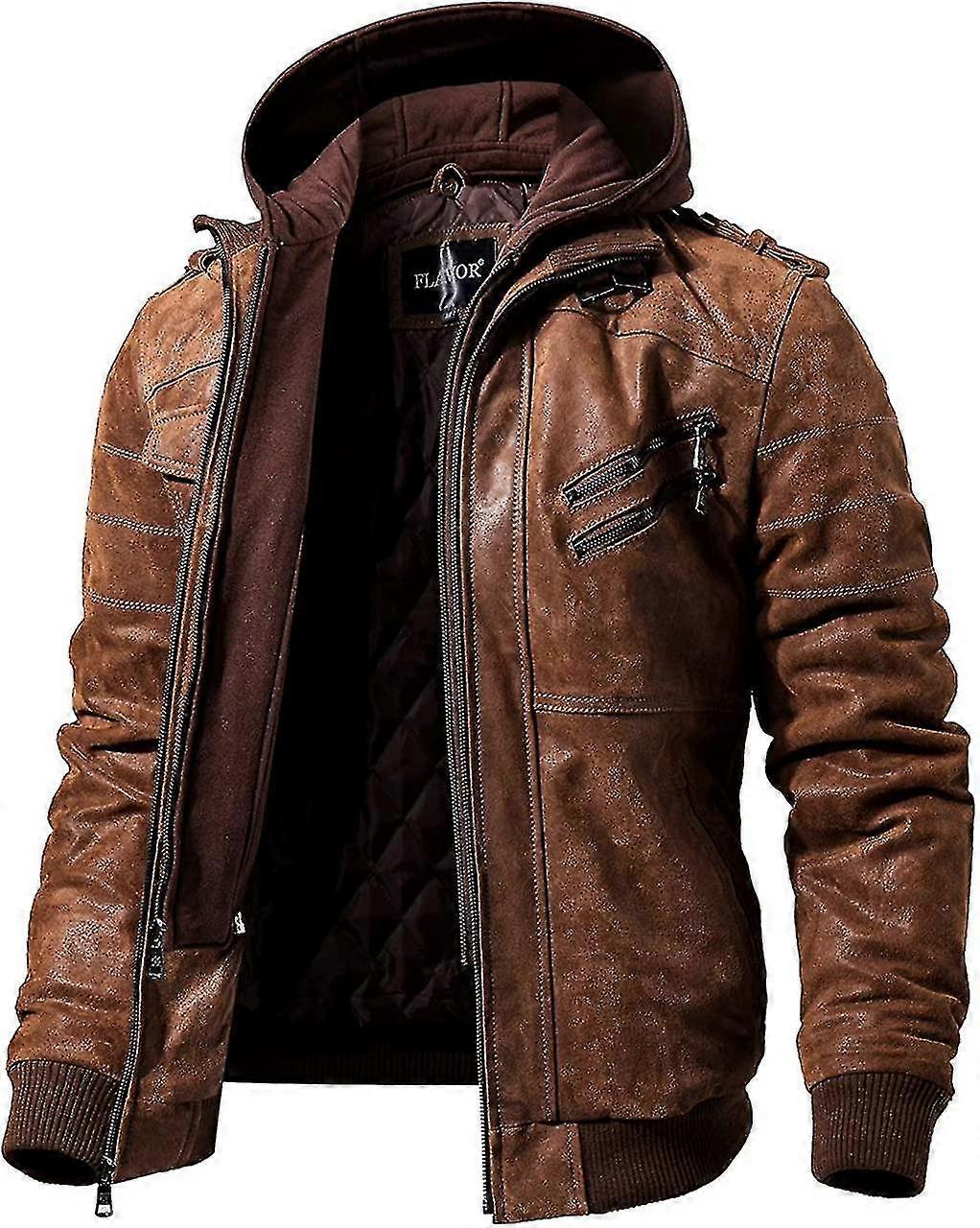 Men Brown Leather Motorcycle Jacket With Removable Hood-AM