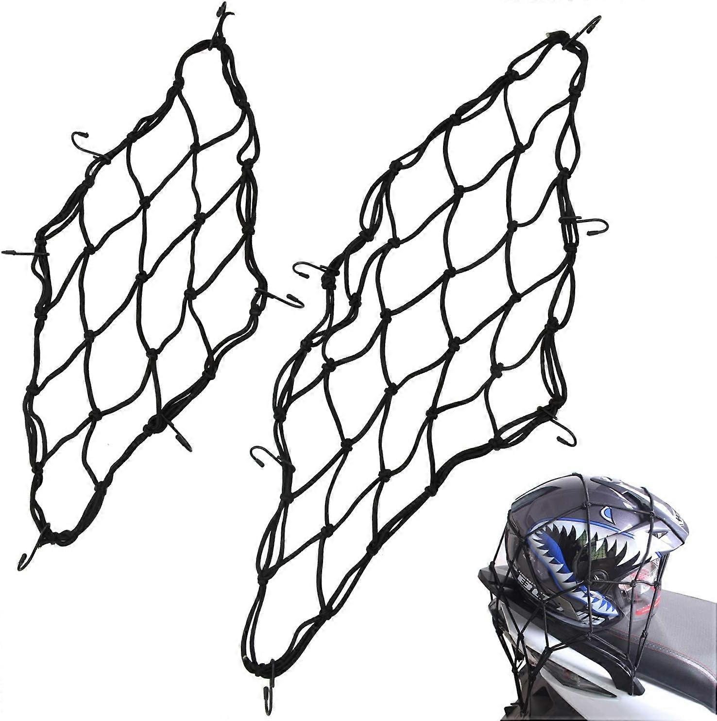 Motorcycle Storage Net, 2 Pieces Motorcycle Helmet Net (30 x 30cm, 40 X 40cm) with 6 Hooks for Bike Motorcycle Net Luggage Net Transport Net (Black)