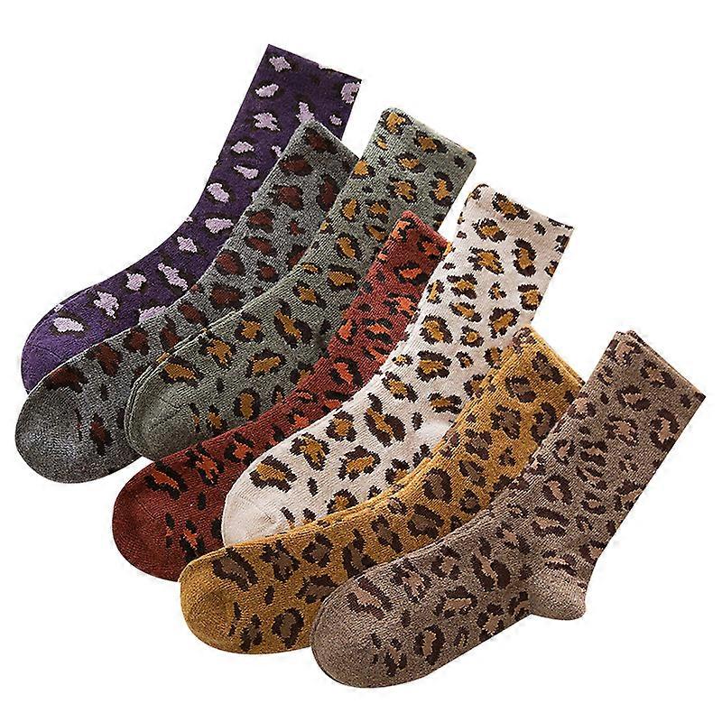Women Thick Leopard Print Wool Socks 7Pcs