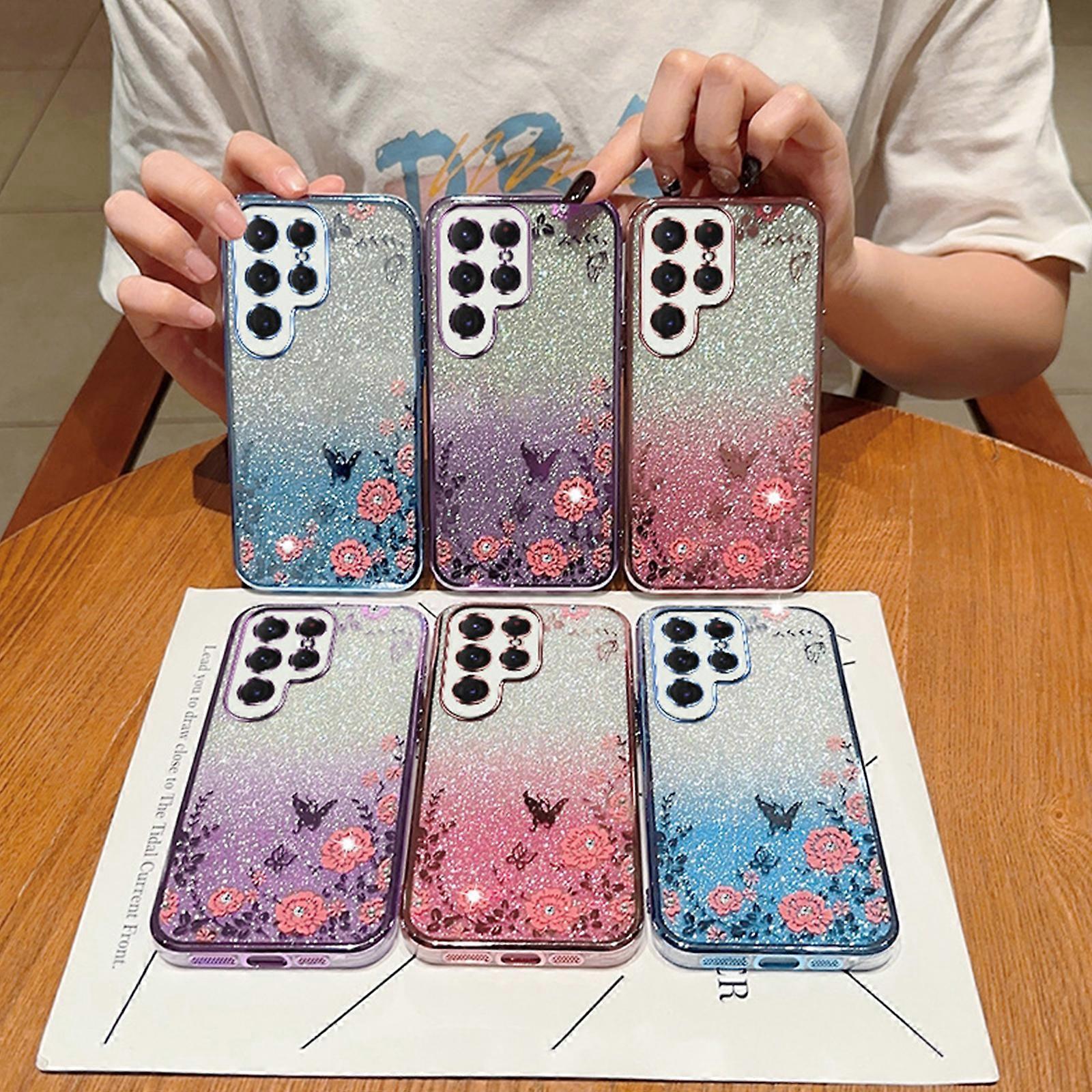 For Samsung Galaxy S24 Case, Cute Gradient Pink Butterfly Flower Case, Soft TPU Shockproof Lens Protection Electroplated Protective Case