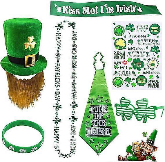 7db Szent Patrik napi jelmezkészlet, Shamrock felső kalap, nyaklánc, nyakkendő, szerencsés karszalag, lóhere szemüveg, matrica manó parti kellékekhez