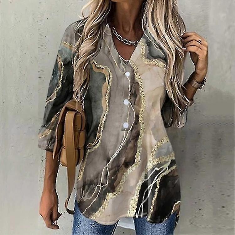 Women's Blouse Shirt Khaki Flower Button Print Long Sleeve Daily Weekend Streetwear Casual V Neck Regular S / 3d Print
