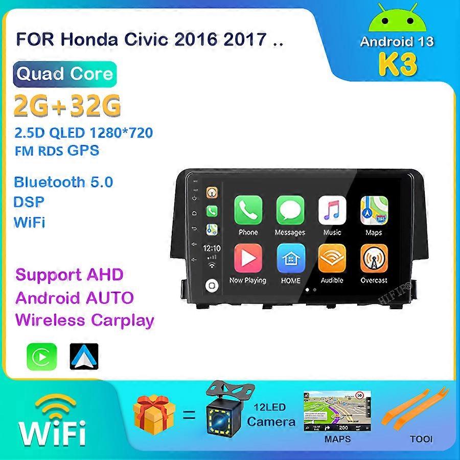 For HONDA CIVIC 2016 2017 2018 2019 9 Inch 2 Din Android 13 Car Radio Stereo WIFI GPS Navigation Multimedia Player Head Unit