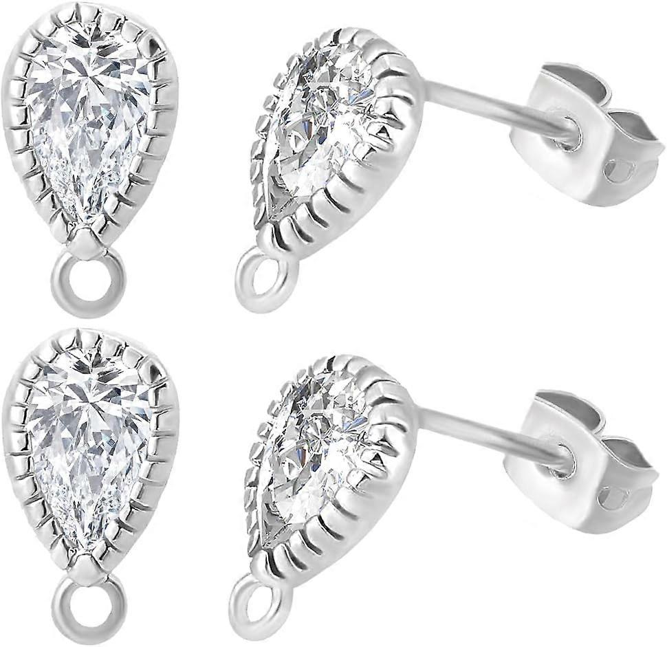 20Pcs Cubic Zirconia Earring Findings Real Platinum Plated Teardrop Earrings Posts with Loop and 20Pcs Butterfly Earring Backs for DIY Earring Jewelry
