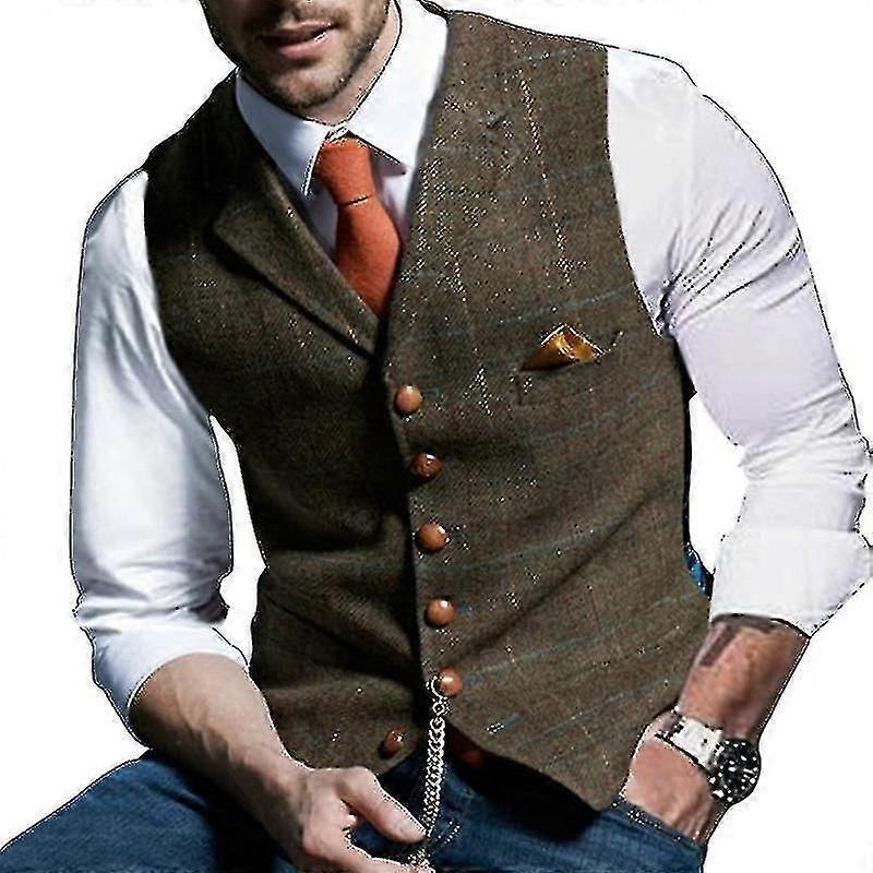 Mens Suit Vest Notched Plaid Wool Herringbone Tweed Waistcoat Casual F
