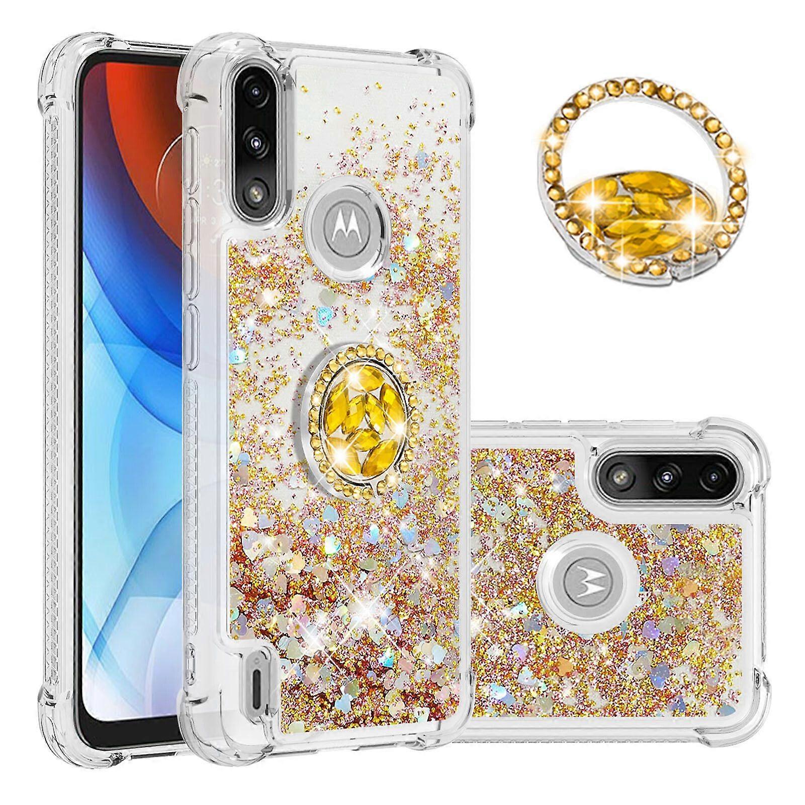 Case for Motorola Moto E7 Power Bling Flowing Liquid Floating Sparkle Glitter Bumper with Rotation Ring Kickstand Compatible with Motorola Moto E7 Pow