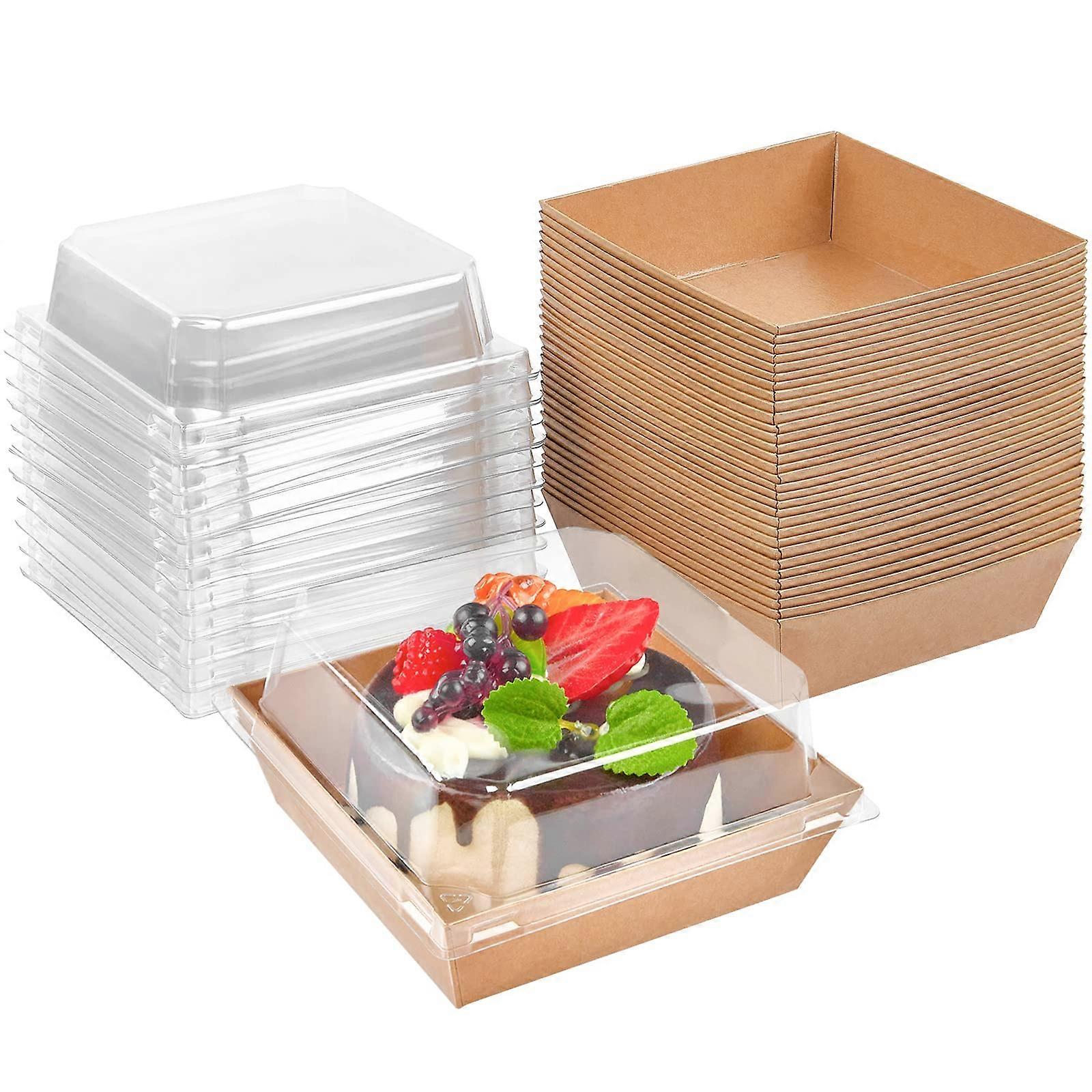 50 Pack Small Charcuterie Boxes with Clear Lids, 4" Disposable Containers for Cookies, Cakes, Mini Desserts (Brown)