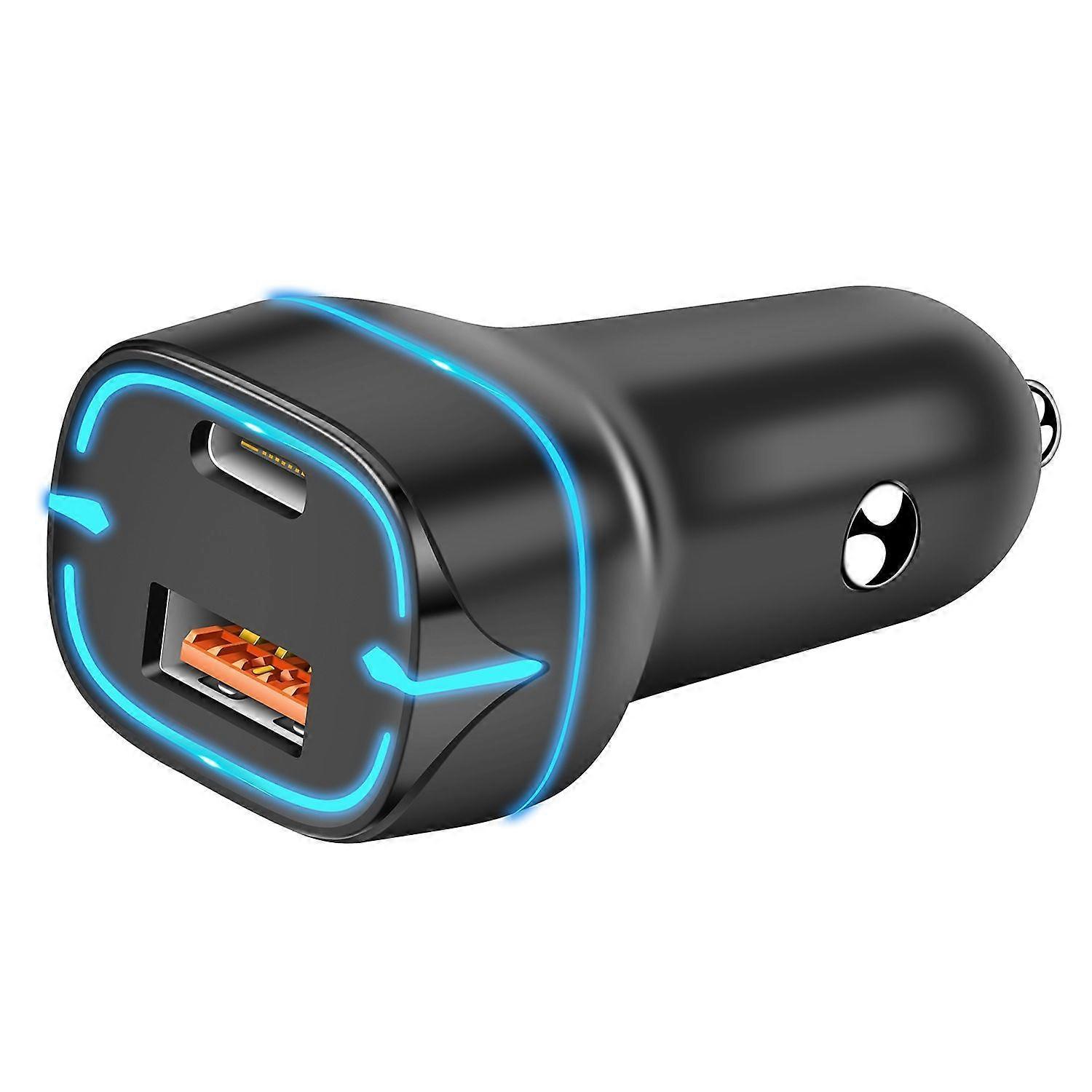 Car Charger Adapter - QC USB + USB-C / Type-C Dual Ports Fast Charging Car Charger with Luminous Aperture