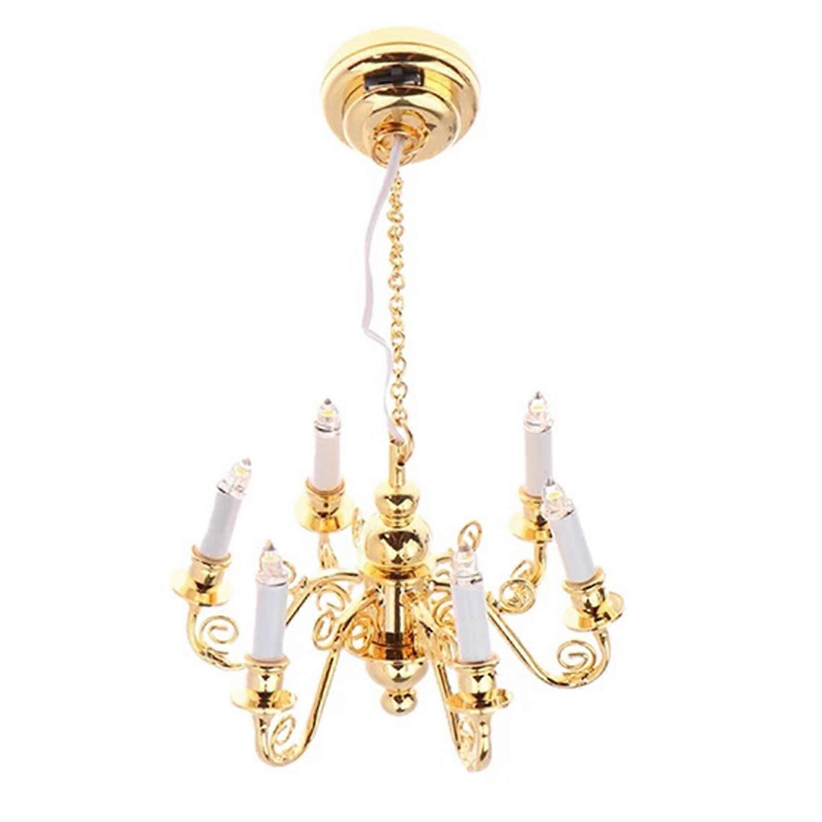 1/12 Scale Dollhouses 6 Head Chandelier European Styls Hanging Lamp LED Ceiling Light for Model Project Scene Display Gold