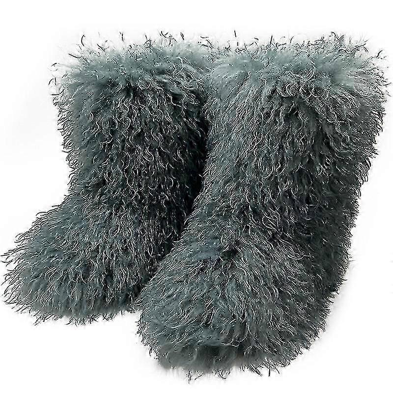Botas de Pele Falsa Para Mulheres Fuzzy Fluffy Furry Round Toe Suede Botas de Inverno Sapatos Baixos-Yvan