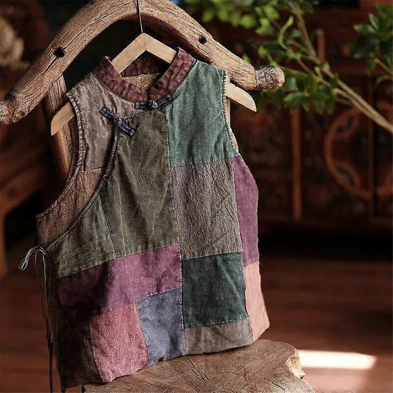 Johnature Women Vintage Patchwork Color Vests Coats Stand Cotton Linen Clothes Chinese Style Belt Plus Cotton Vests