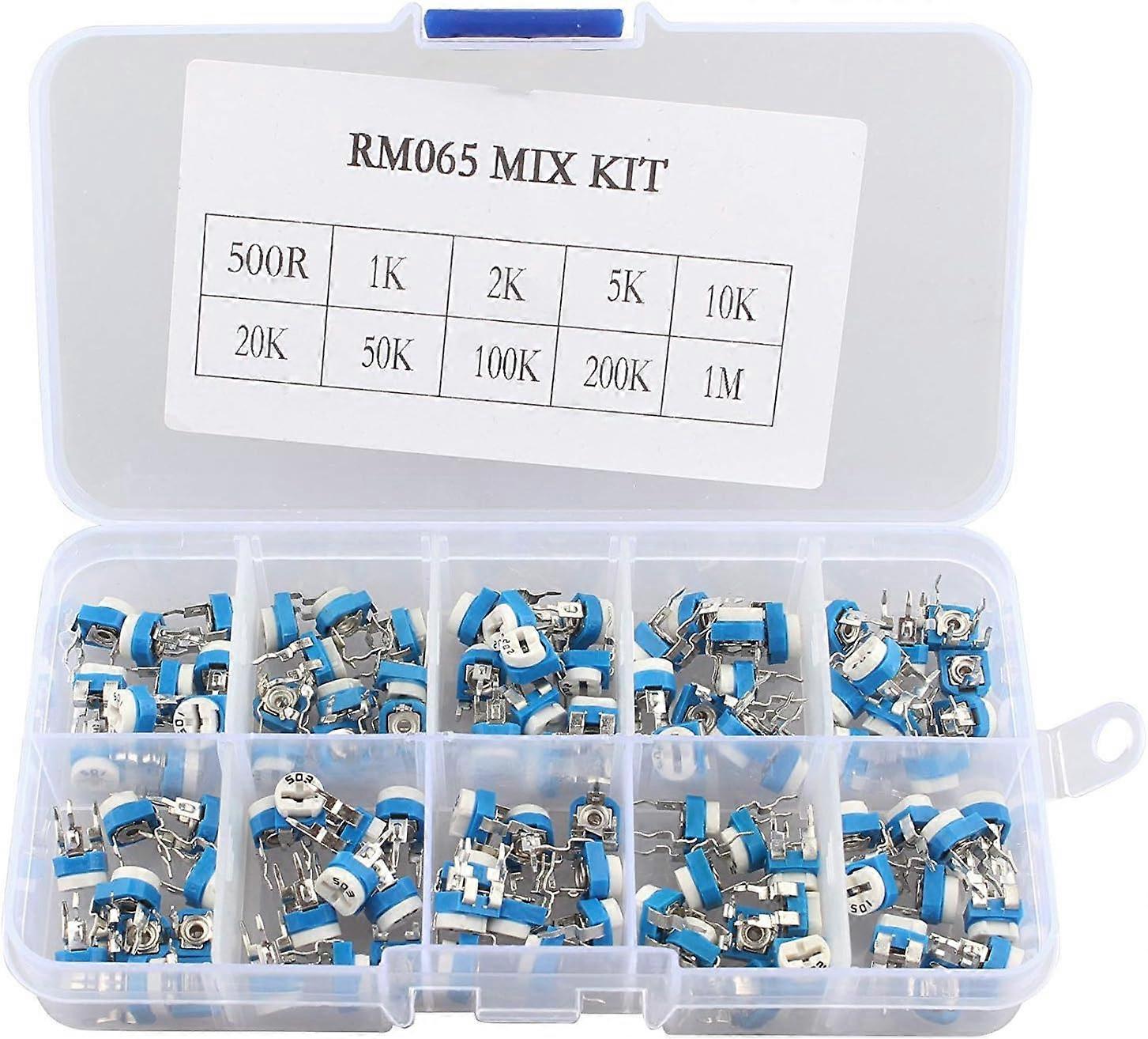 100 Pieces 10 Values Variable Resistance Adjustable Trimmer Potentiometer Rheostat with Plastic Box 500 Ohm-1 Mt