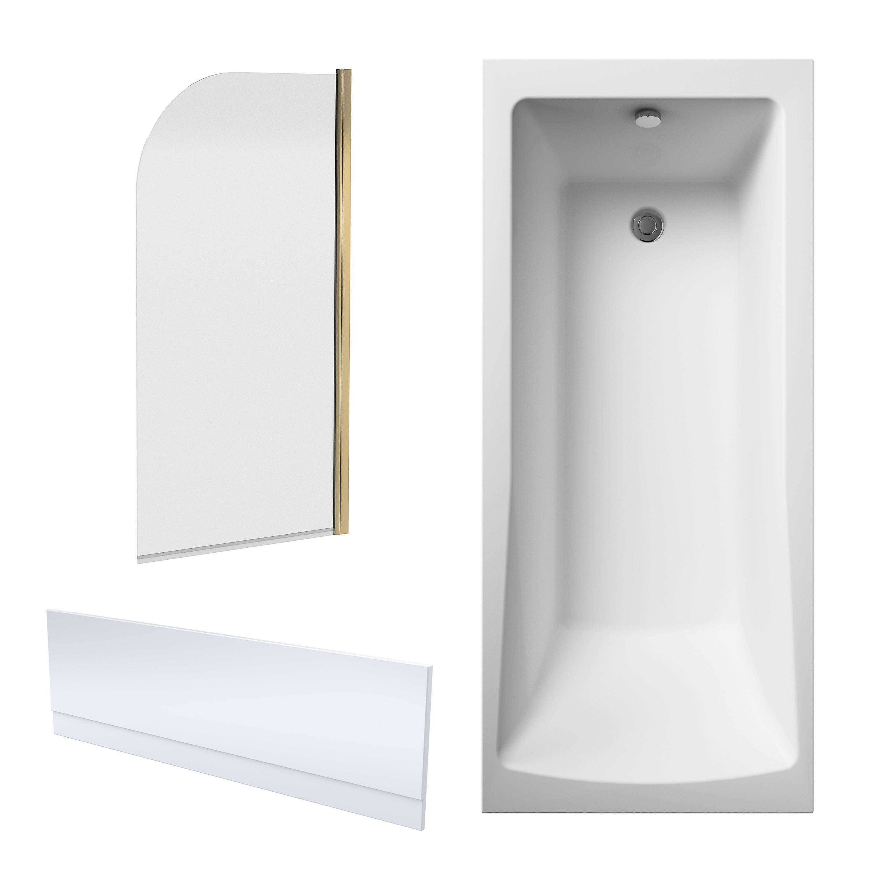 Square Single Ended 1700x700 Shower Bath Set - Front Panel & Brushed Brass Round Corner Screen